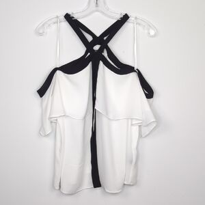 Suzy Shier Large White‎ Cold Shoulder Layered Tank With Black Tie Detail